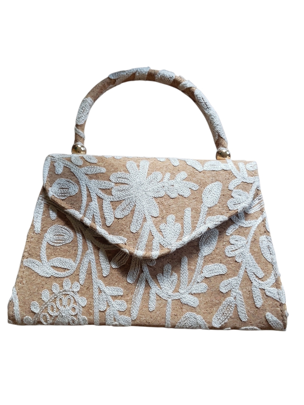 Haute Hippie Style. Purse. Bag. Tan And White. Floral. Stiching White